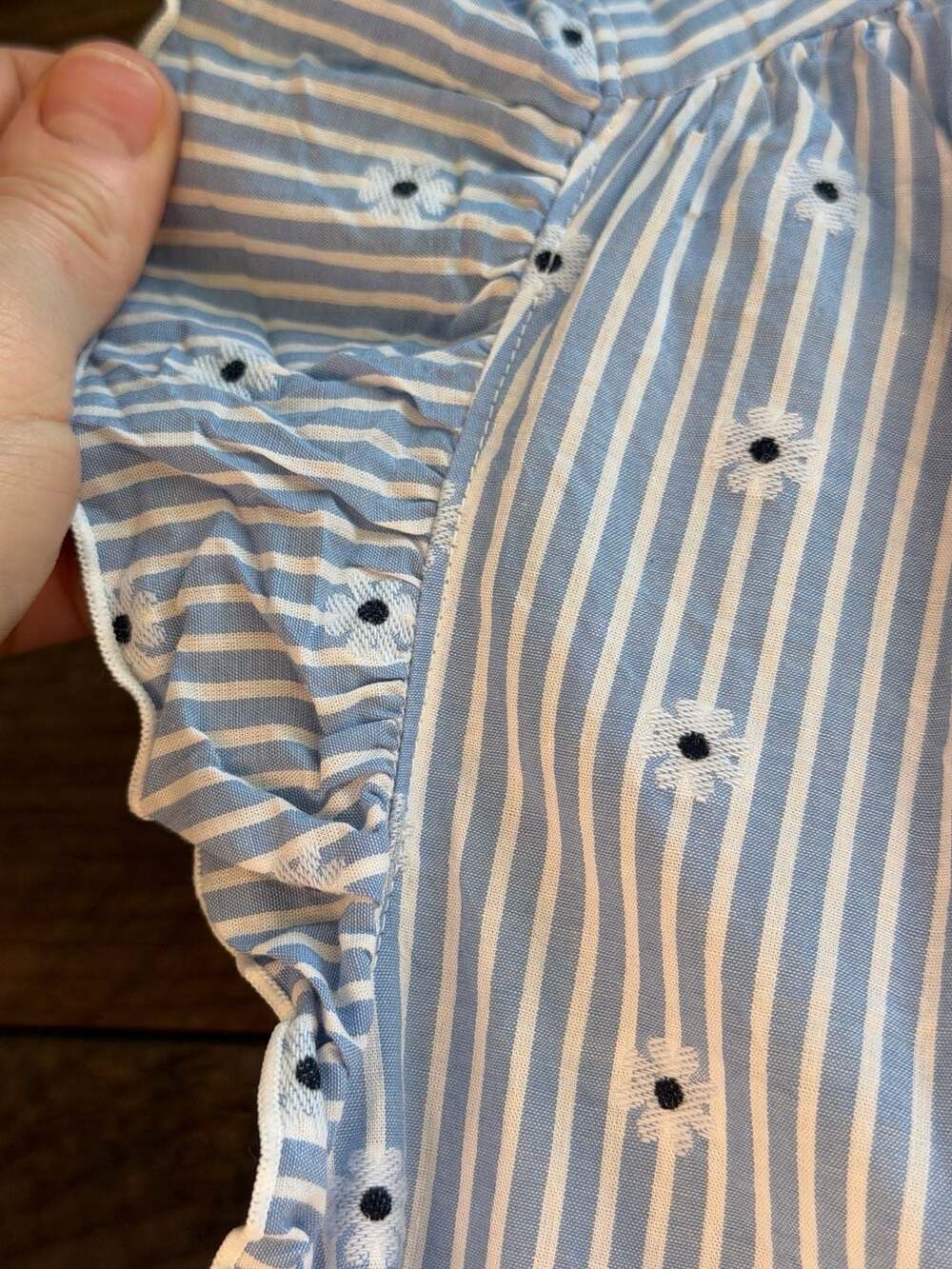 LOFT Blue Striped Floral Embroidered Ruffle Sleeveless Blouse Size M - Picture 5 of 7